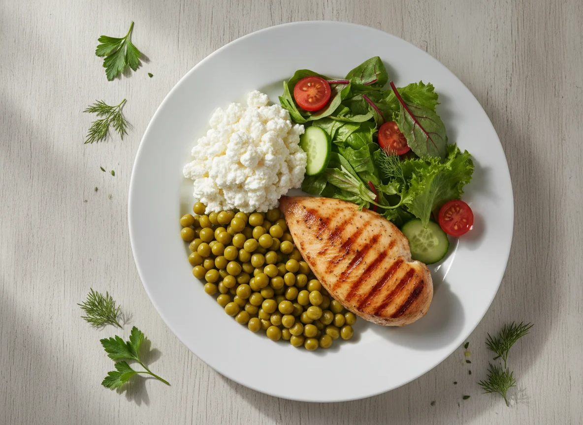 Chicken breast with cottage cheese, peas and salad photo