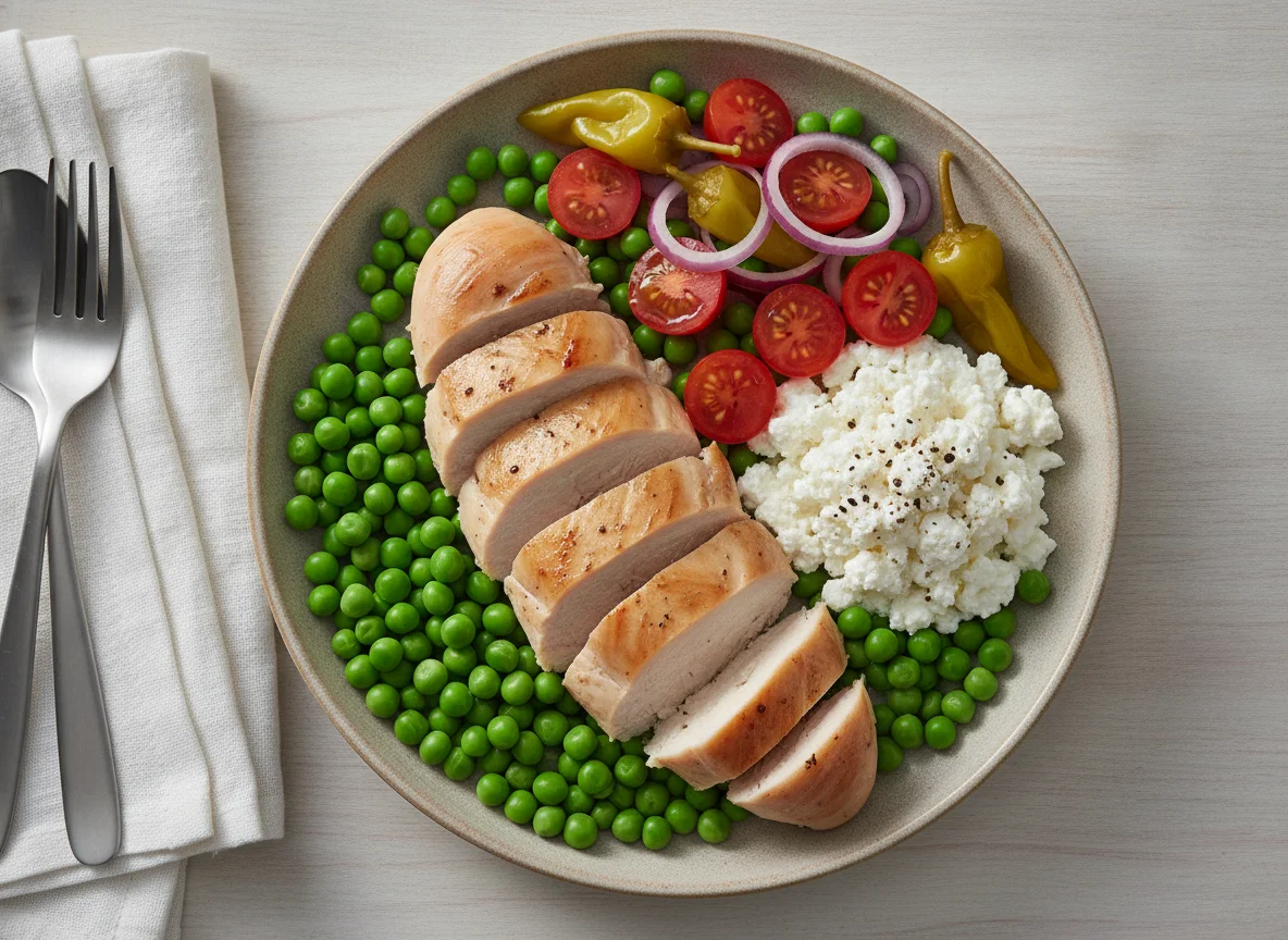 Chicken breast with cottage cheese, peas, and tomato salad photo