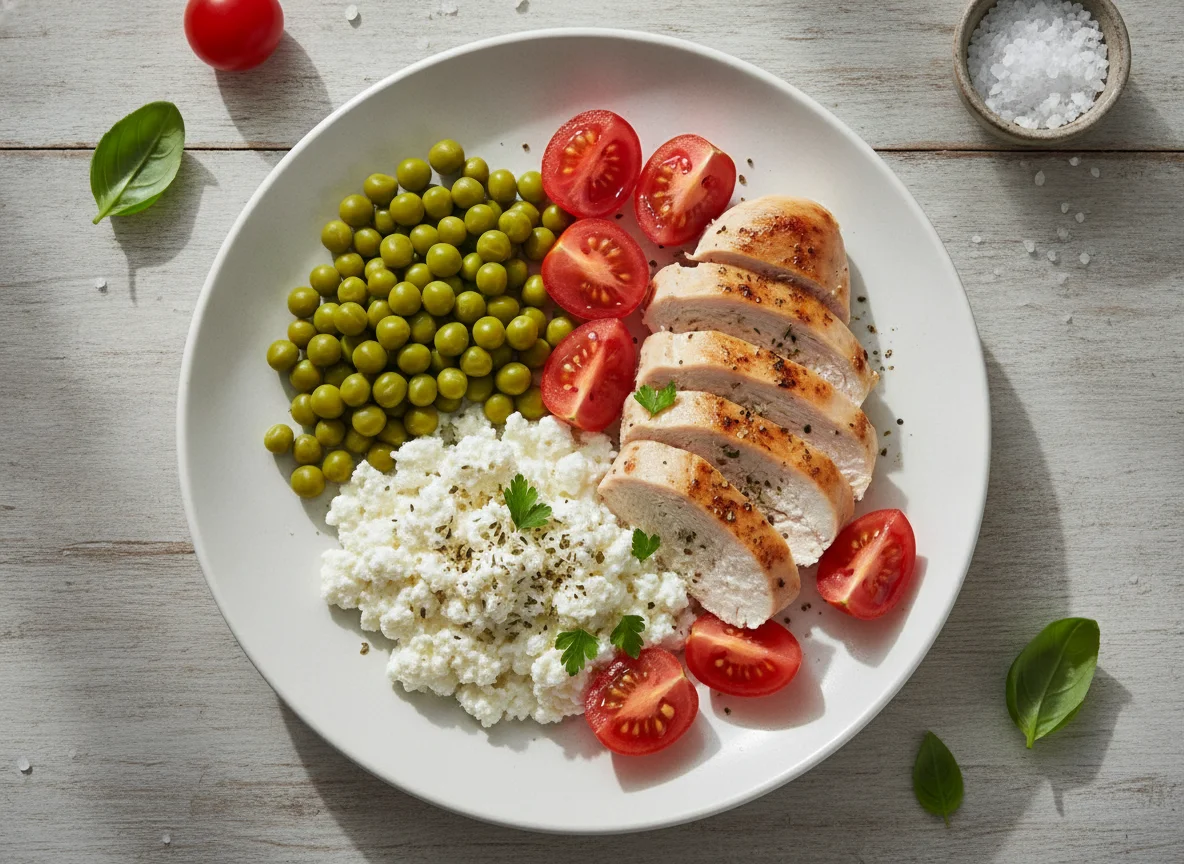Chicken breast with cottage cheese, peas and tomatoes photo