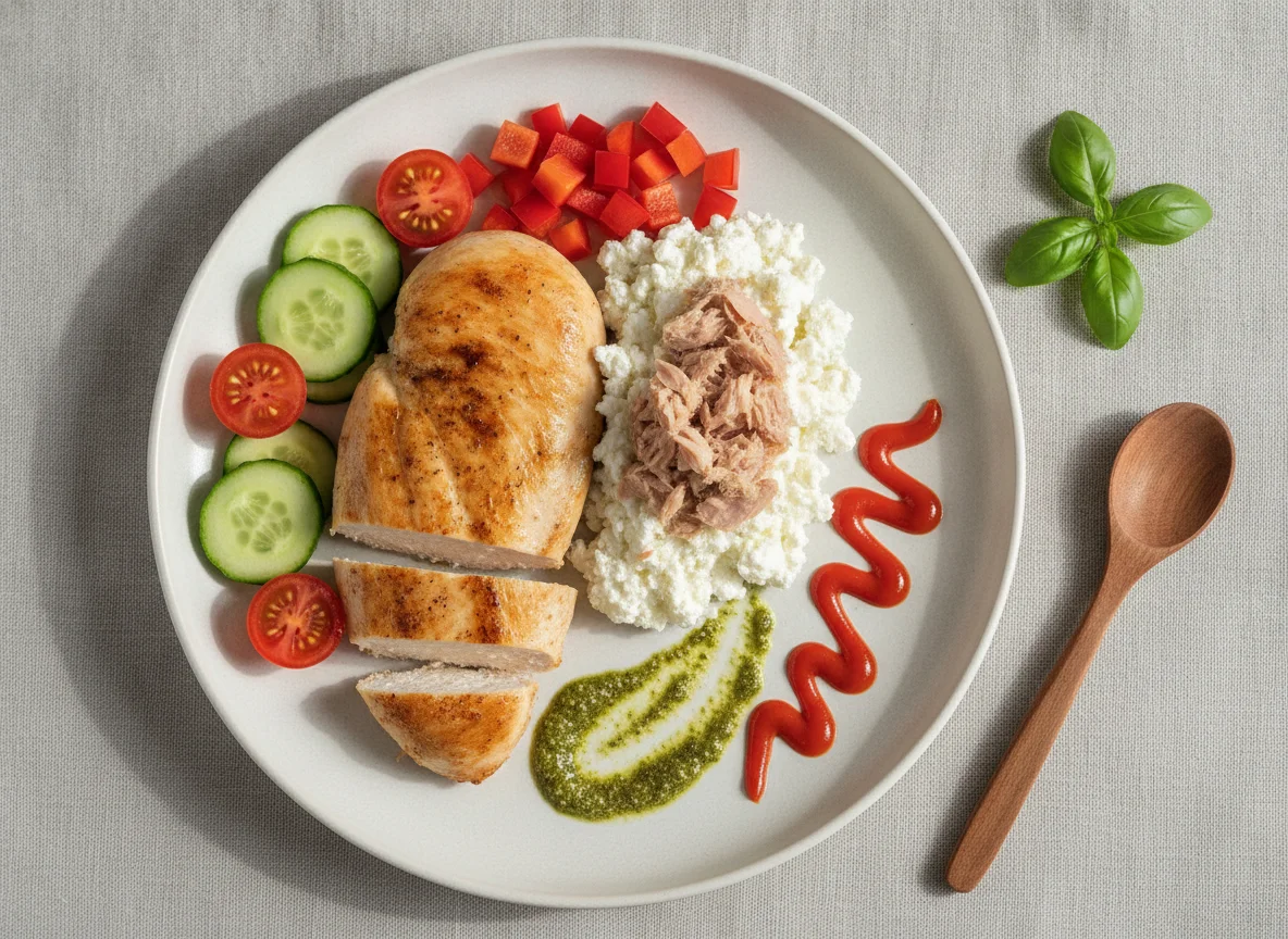 Chicken breast with cottage cheese, tuna, and vegetables photo