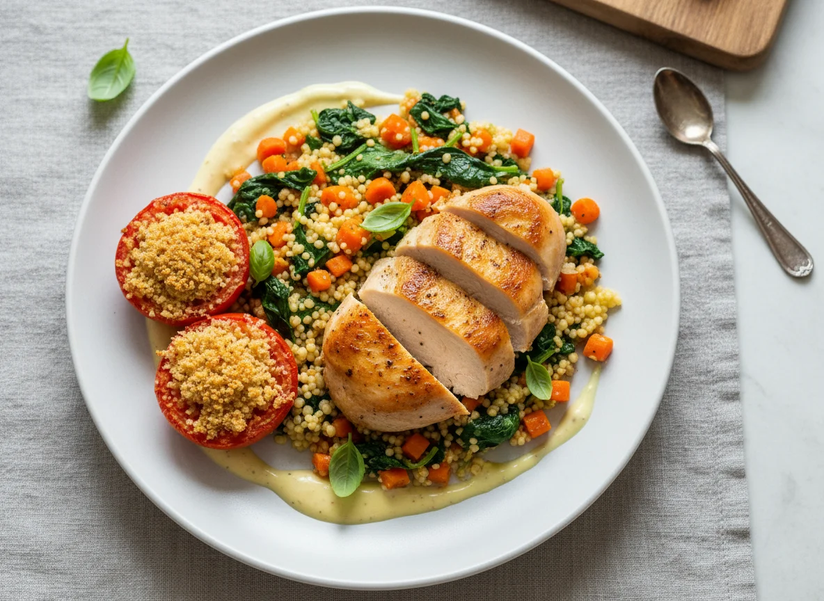 Chicken breast with couscous and baked tomatoes photo