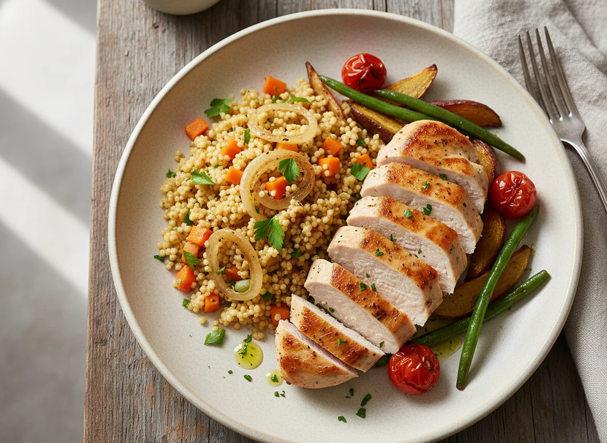 Chicken breast with couscous and vegetables photo