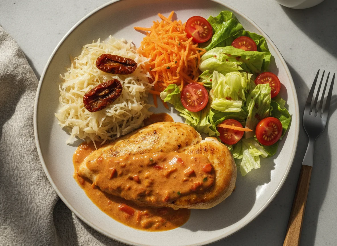 Chicken breast with creamy red pepper sauce, sauerkraut, and salad photo
