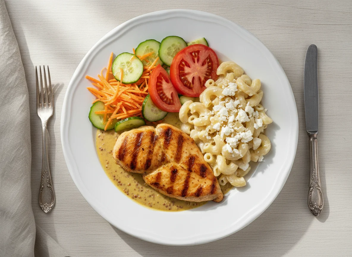 Chicken breast with creamy sauce, pasta, and fresh salad photo