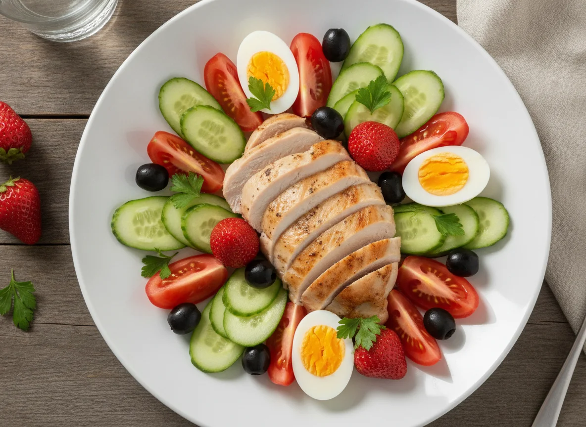 Chicken breast with cucumber, tomato, egg, and strawberries photo