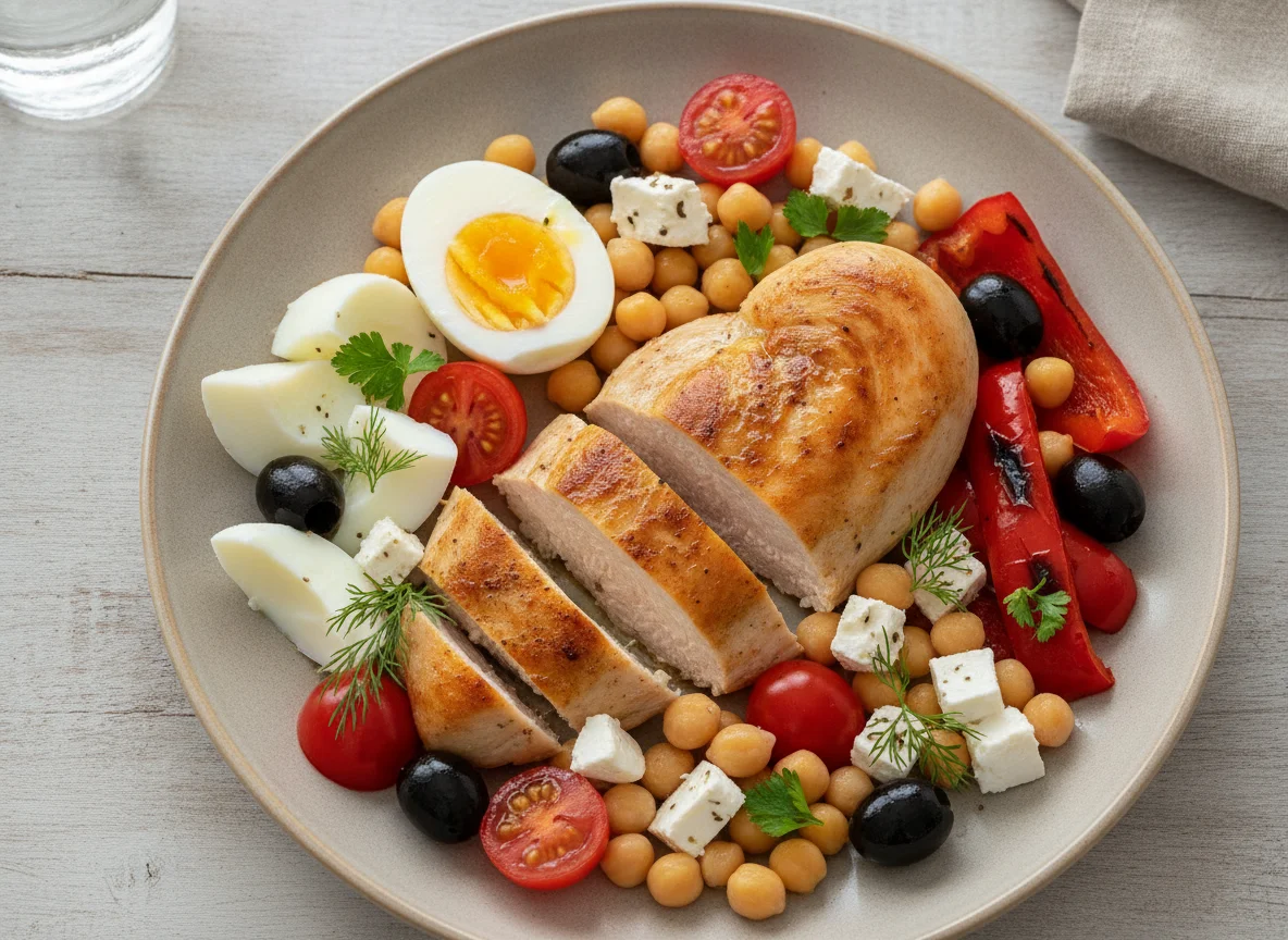 Chicken breast with eggs, chickpeas, and vegetables photo