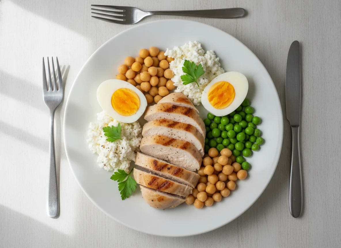 Chicken breast with eggs, cottage cheese, peas and chickpeas photo