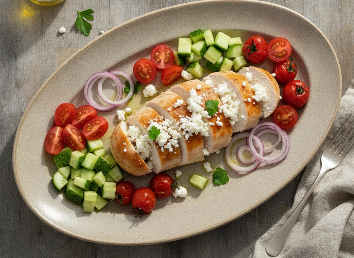Chicken breast with feta cheese and fresh vegetables photo