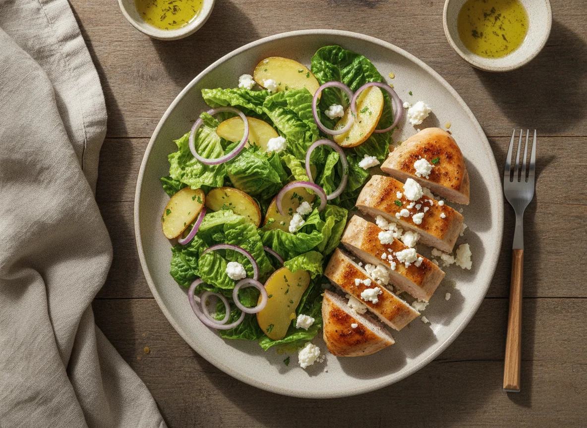 Chicken breast with feta cheese and green salad photo