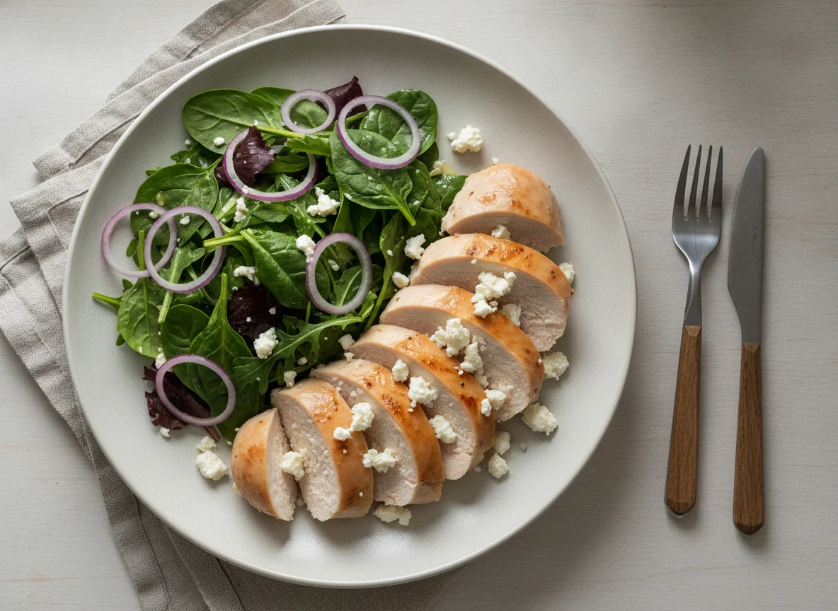 Chicken breast with feta cheese and salad photo
