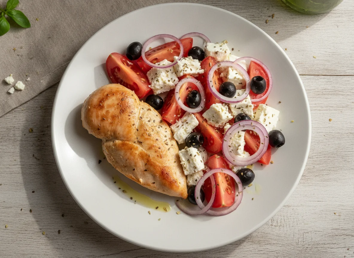Chicken breast with feta cheese and tomato salad photo