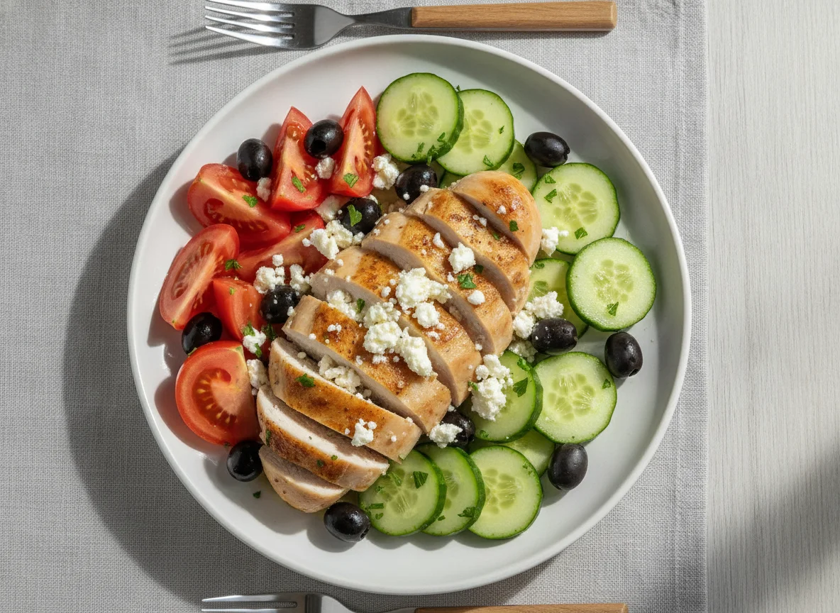 Chicken breast with feta cheese and vegetables photo