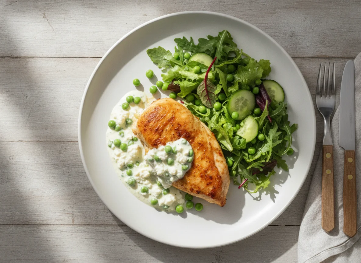 Chicken breast with feta cheese, peas and green salad photo