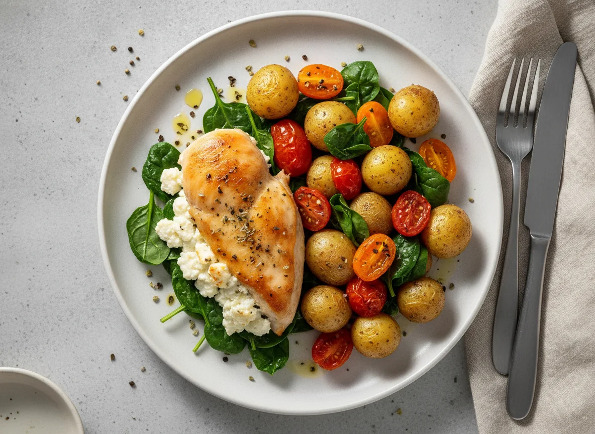 Chicken breast with feta cheese, potatoes, tomatoes and spinach photo