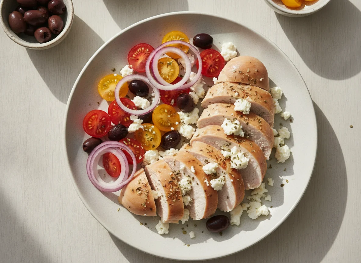 Chicken breast with feta cheese, tomatoes, and olives photo