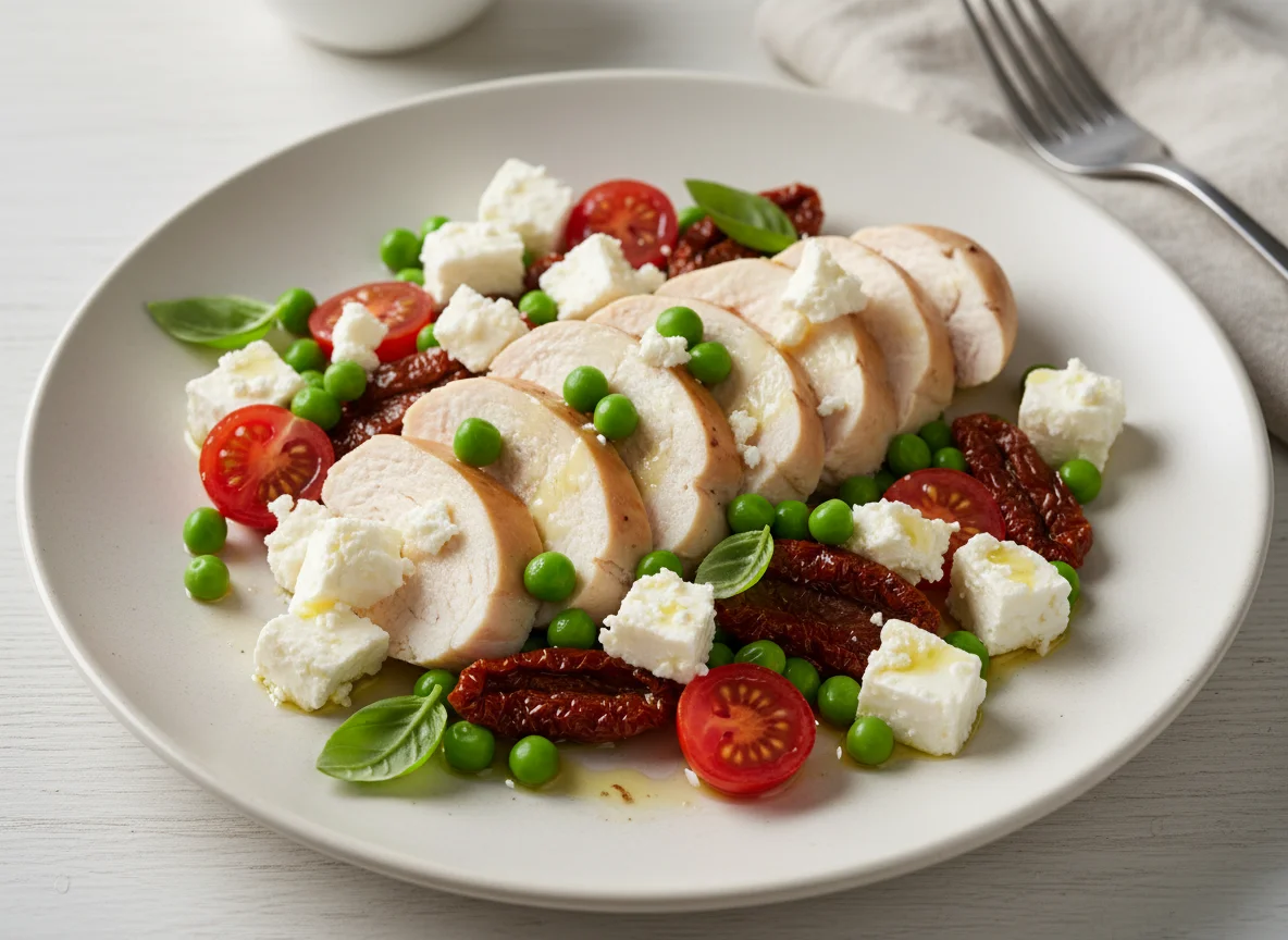 Chicken breast with feta, peas, tomatoes and sun-dried tomatoes photo