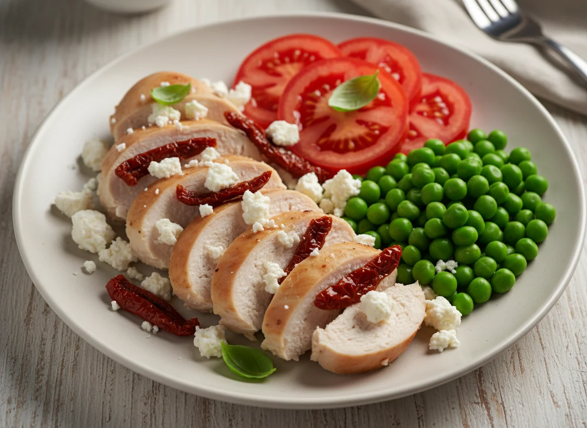 Chicken breast with feta, tomatoes, peas, and sun-dried tomatoes photo