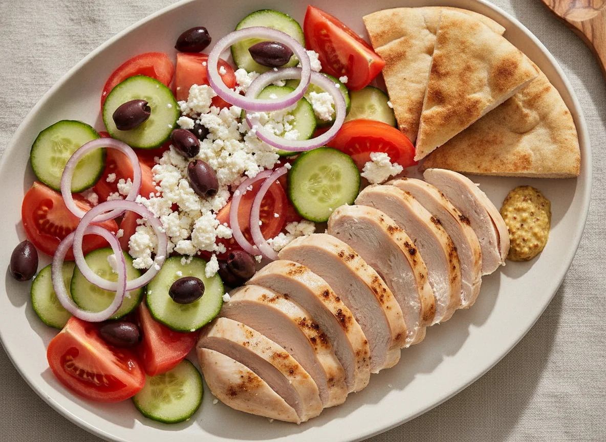 Chicken breast with greek salad and feta photo