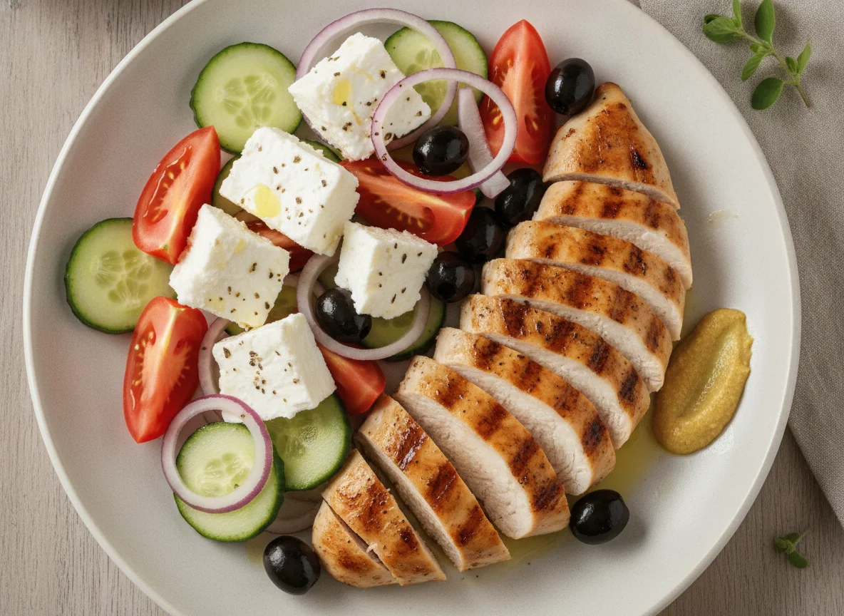 Chicken breast with greek salad components photo
