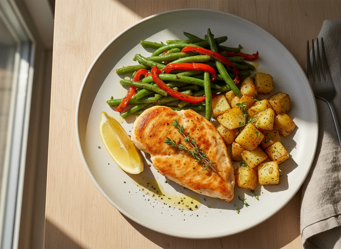 Chicken breast with green beans and peppers photo