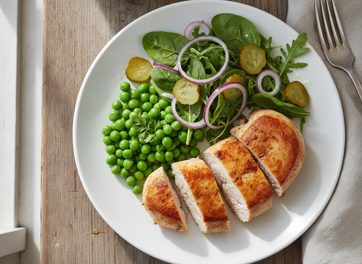 Chicken breast with green peas and salad photo