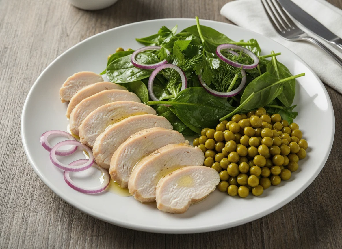 Chicken breast with green salad, peas and red onion photo