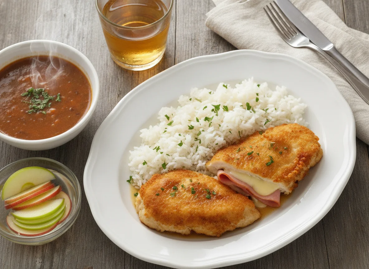 Chicken breast with ham and cheese, rice, and soup photo