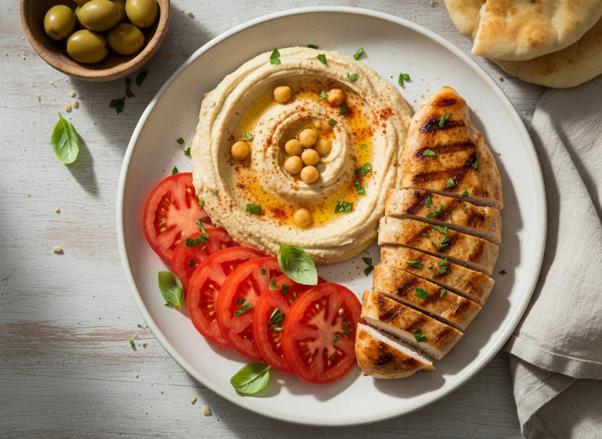 Chicken breast with hummus and sliced tomatoes photo