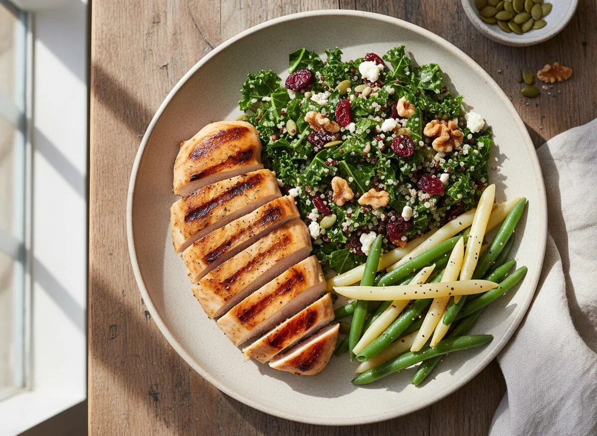 Chicken Breast with Kale Quinoa Salad and Green Beans photo
