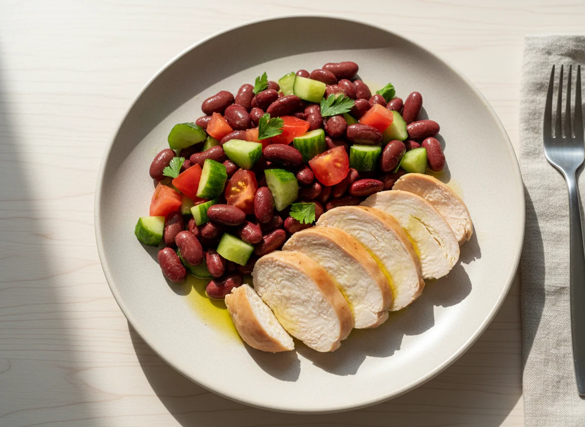 Chicken breast with kidney beans and tomato cucumber salad photo
