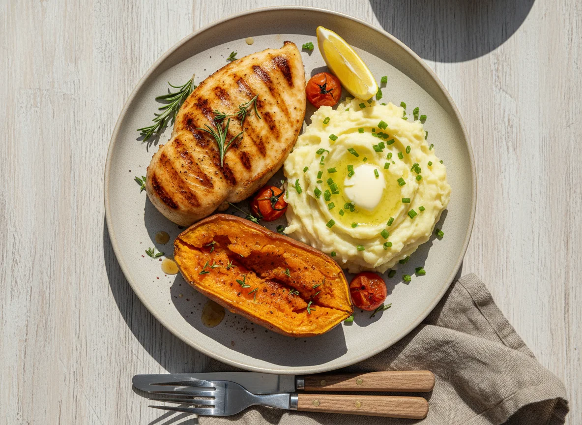 Chicken breast with mashed potatoes and sweet potato photo