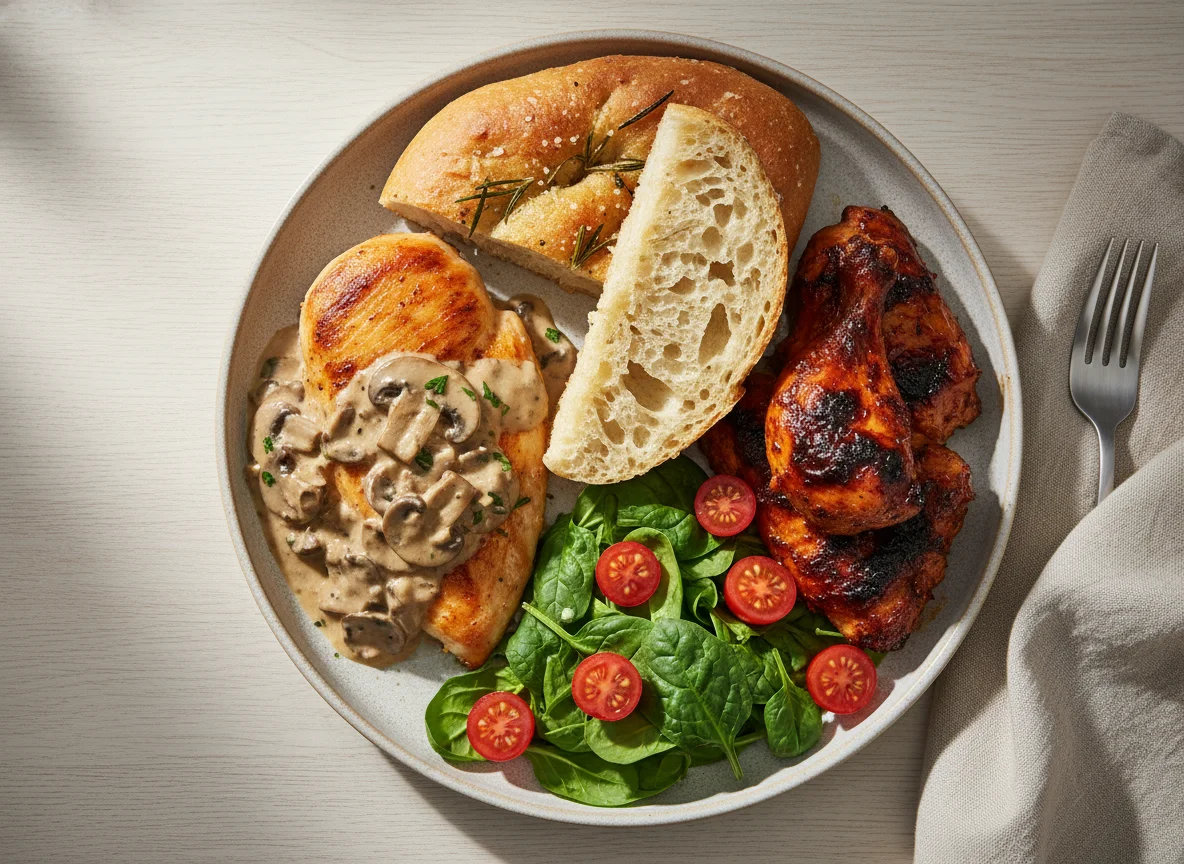 Chicken breast with mushroom sauce, BBQ chicken, focaccia, spinach, and cherry tomatoes photo