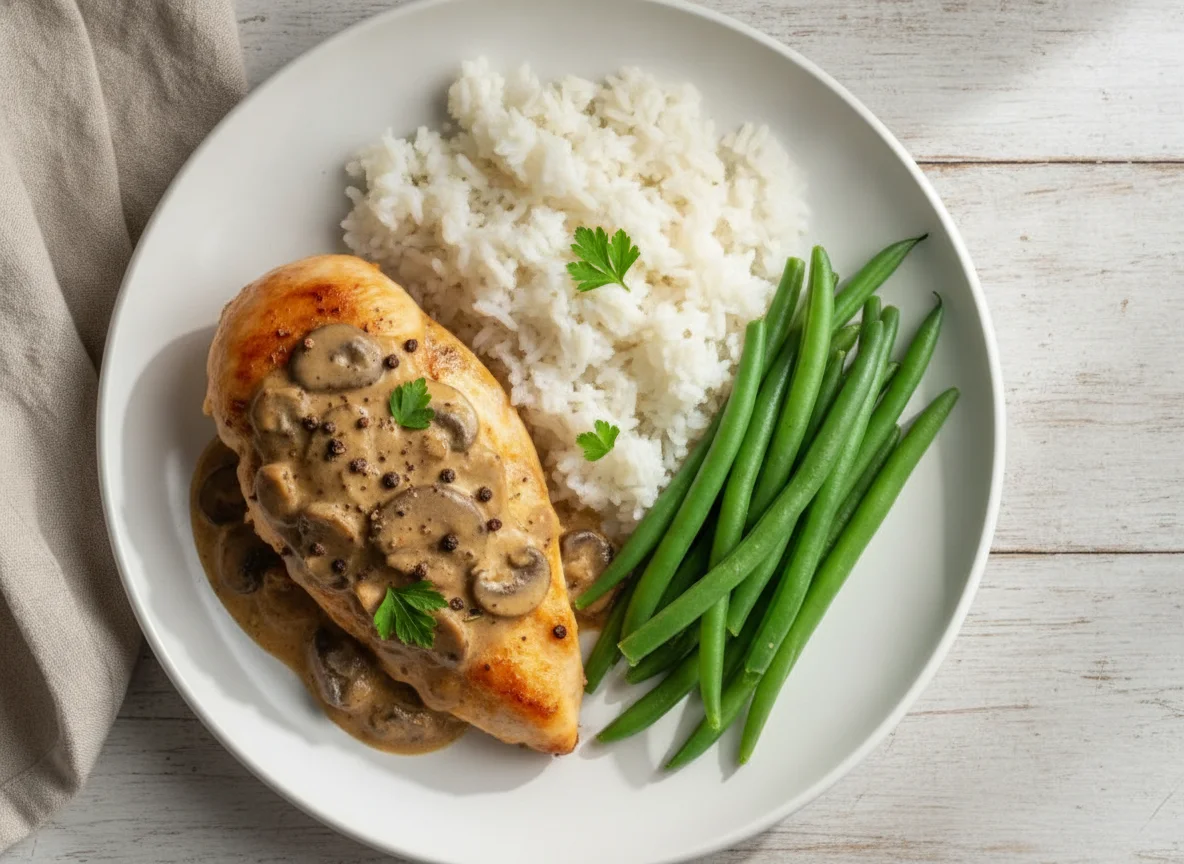Chicken Breast with Mushroom-Pepper Sauce, Rice and Green Beans photo