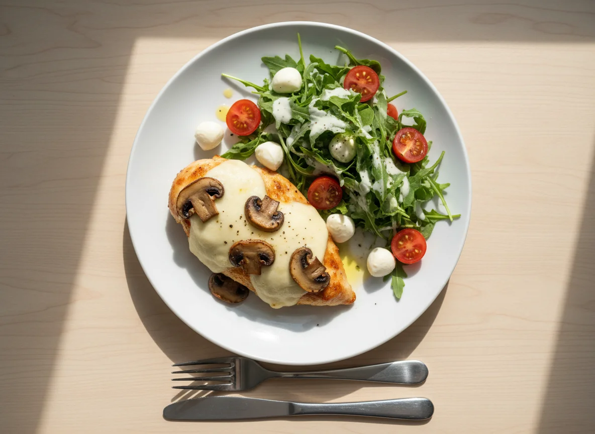 Chicken breast with mushrooms and cheese, served with arugula salad photo
