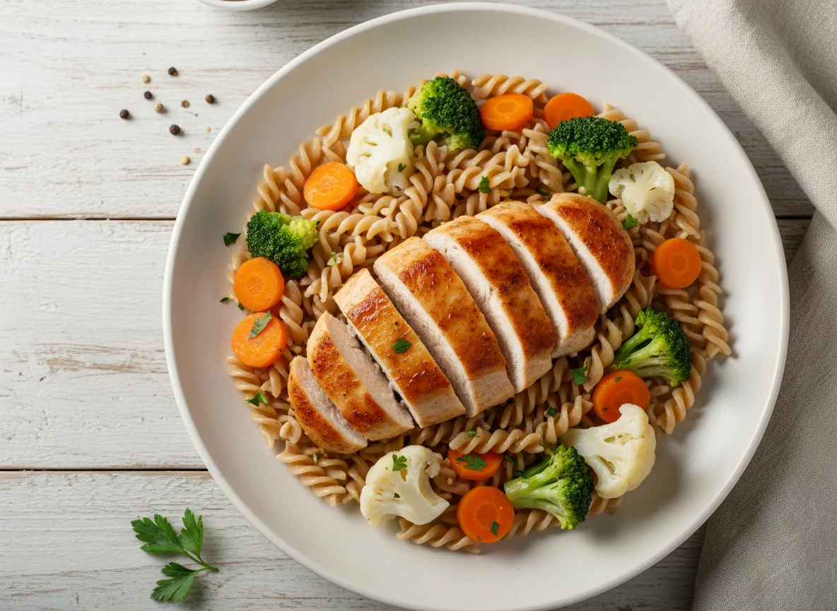 Chicken breast with pasta and vegetables photo