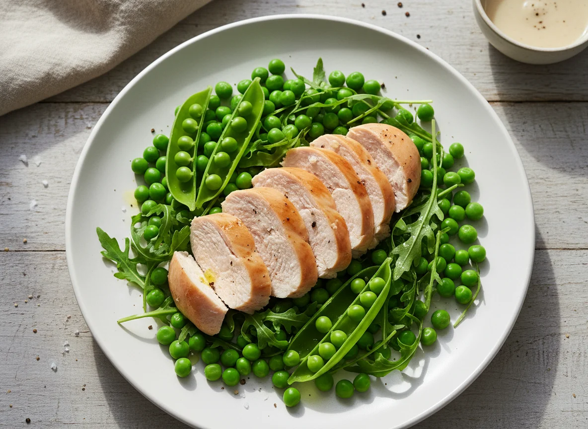 Chicken breast with peas and greens photo