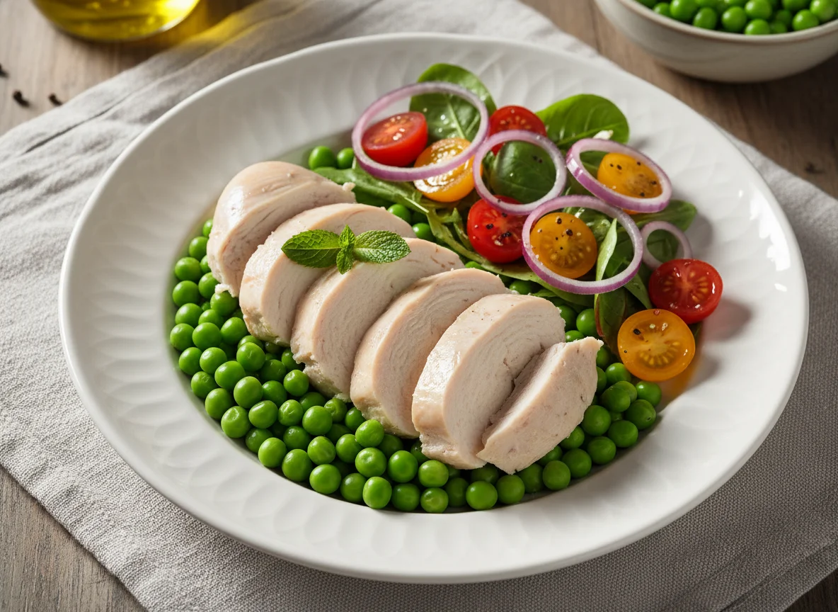 Chicken breast with peas and salad photo