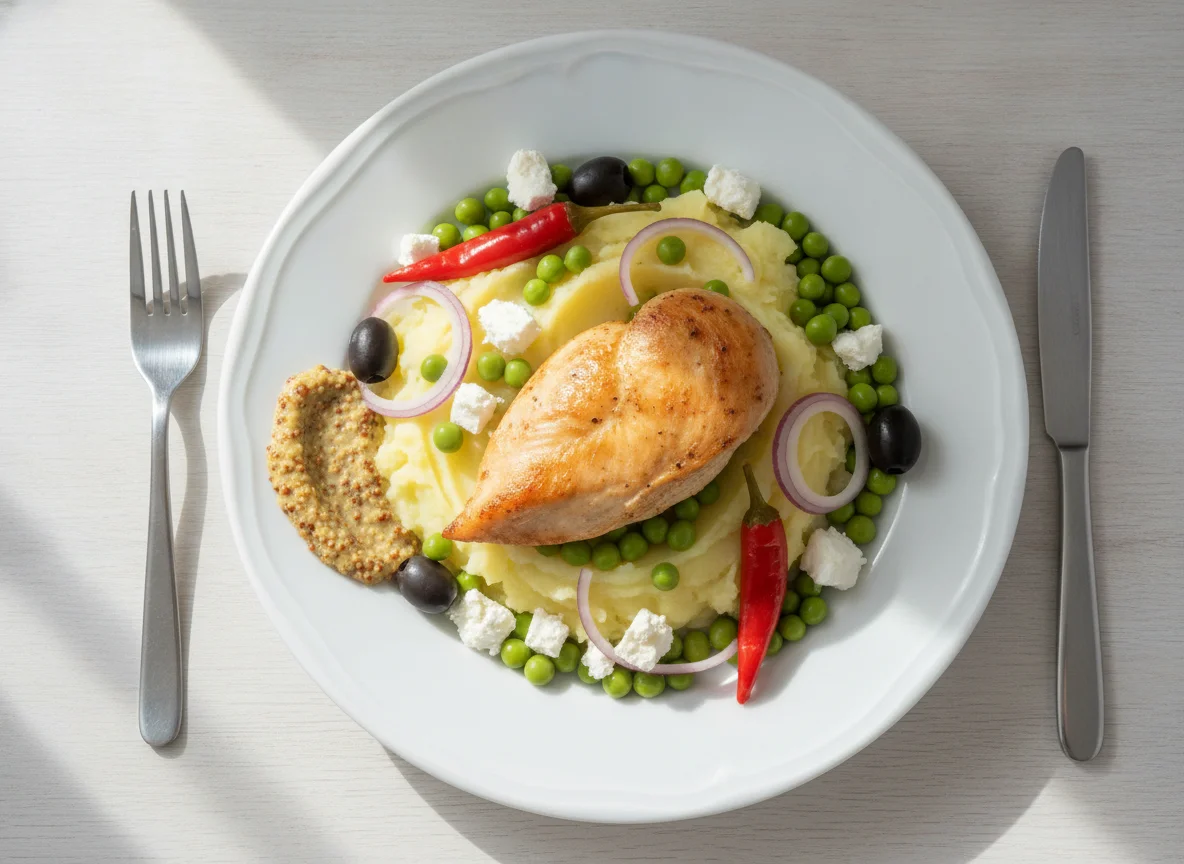 Chicken breast with peas, feta, and red onion photo