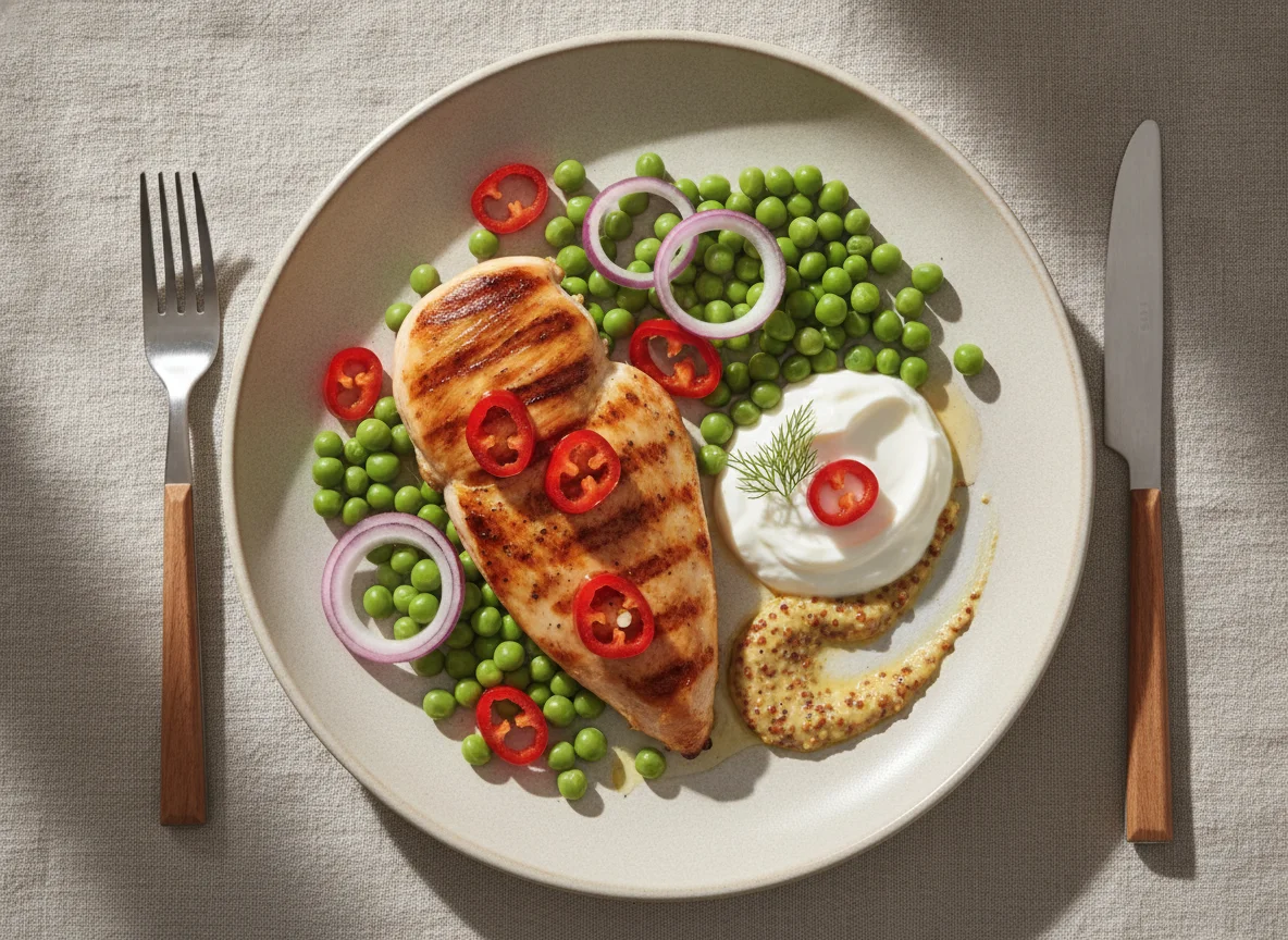 Chicken breast with peas, red onion, and yogurt photo