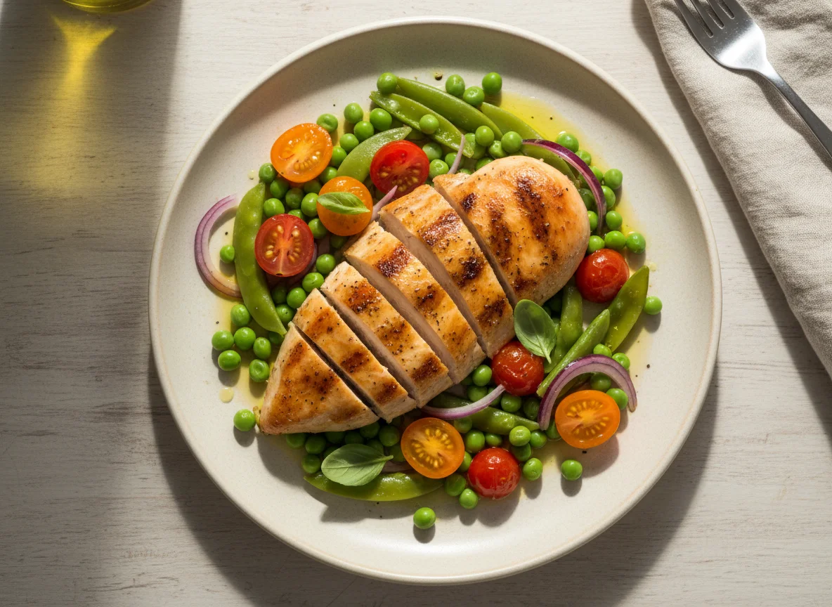 Chicken breast with peas, tomatoes and red onion photo