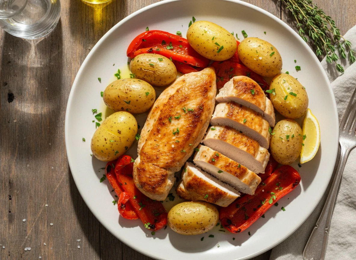 Chicken breast with potato and roasted pepper photo