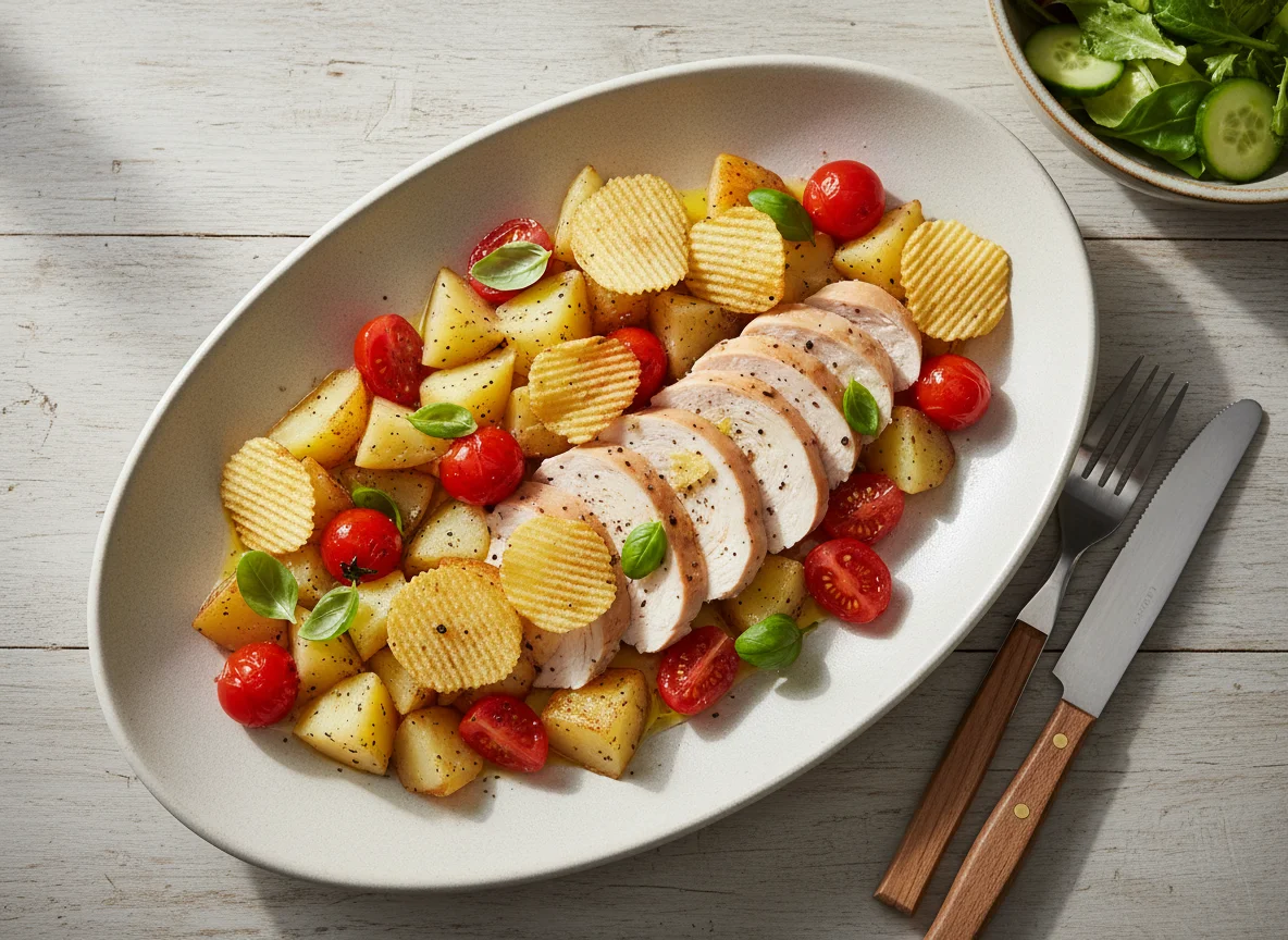 Chicken breast with potato and tomato photo