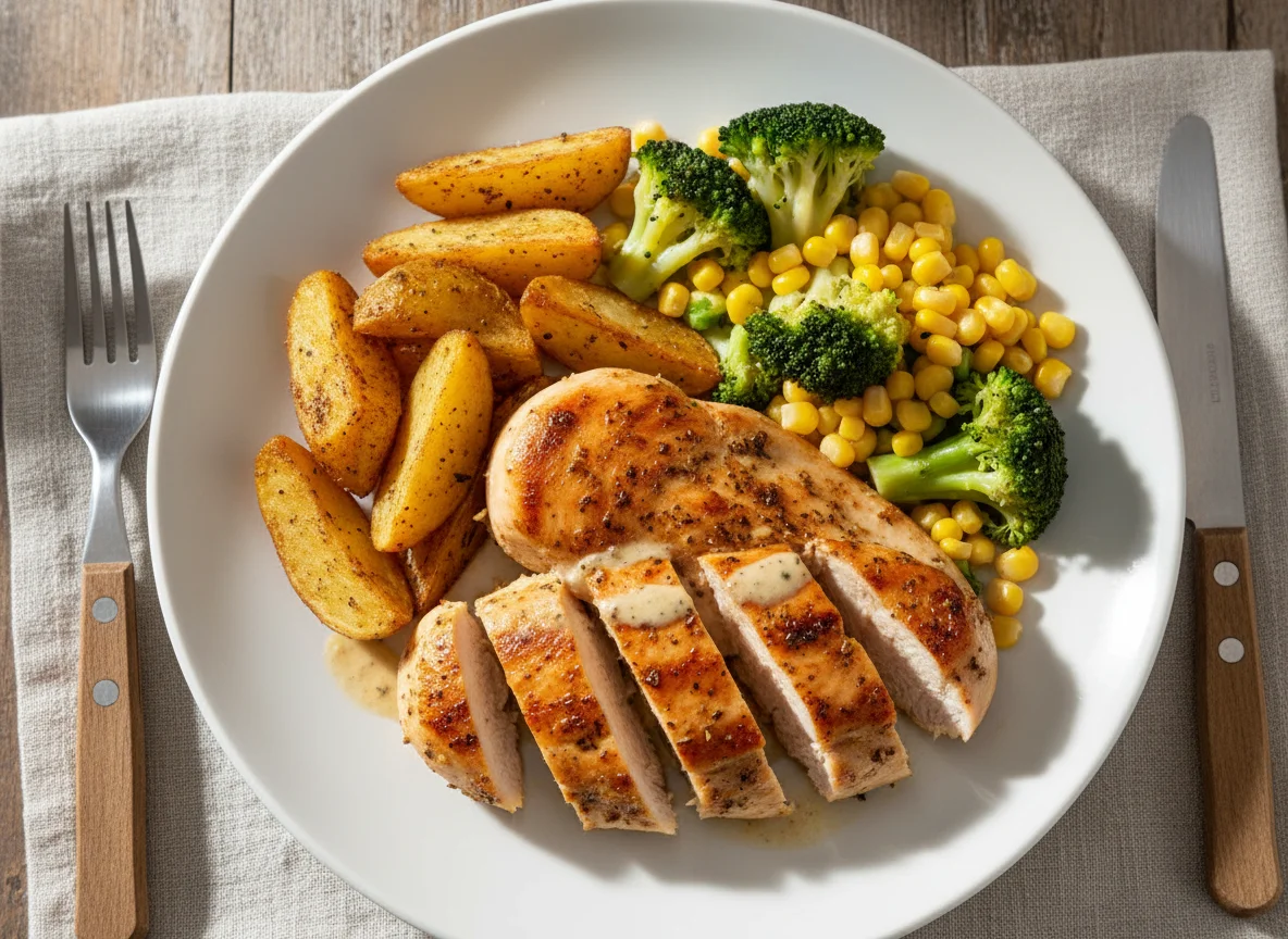 Chicken breast with potato wedges, broccoli, and sweetcorn photo