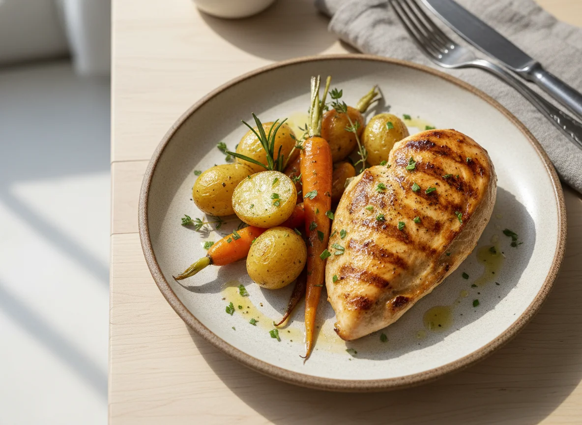 Chicken breast with potatoes and carrots photo