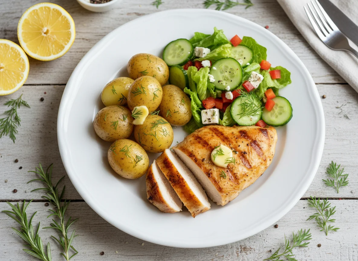 Chicken breast with potatoes and salad photo