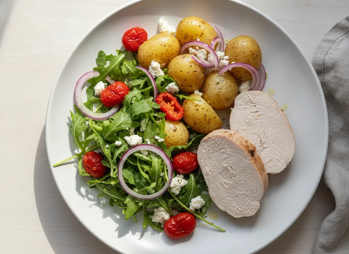 Chicken breast with potatoes, feta cheese and arugula salad photo