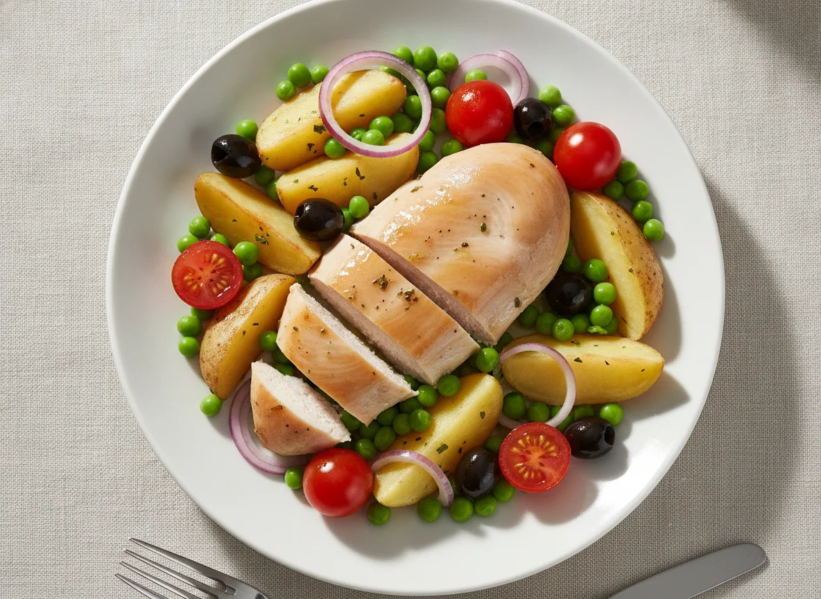 Chicken breast with potatoes, tomatoes, and peas photo