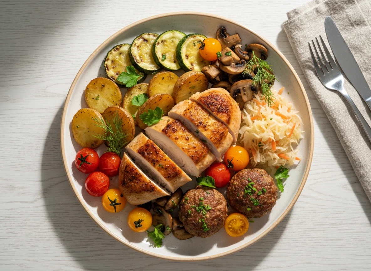 Chicken breast with potatoes, zucchini, tomatoes, and sauerkraut photo