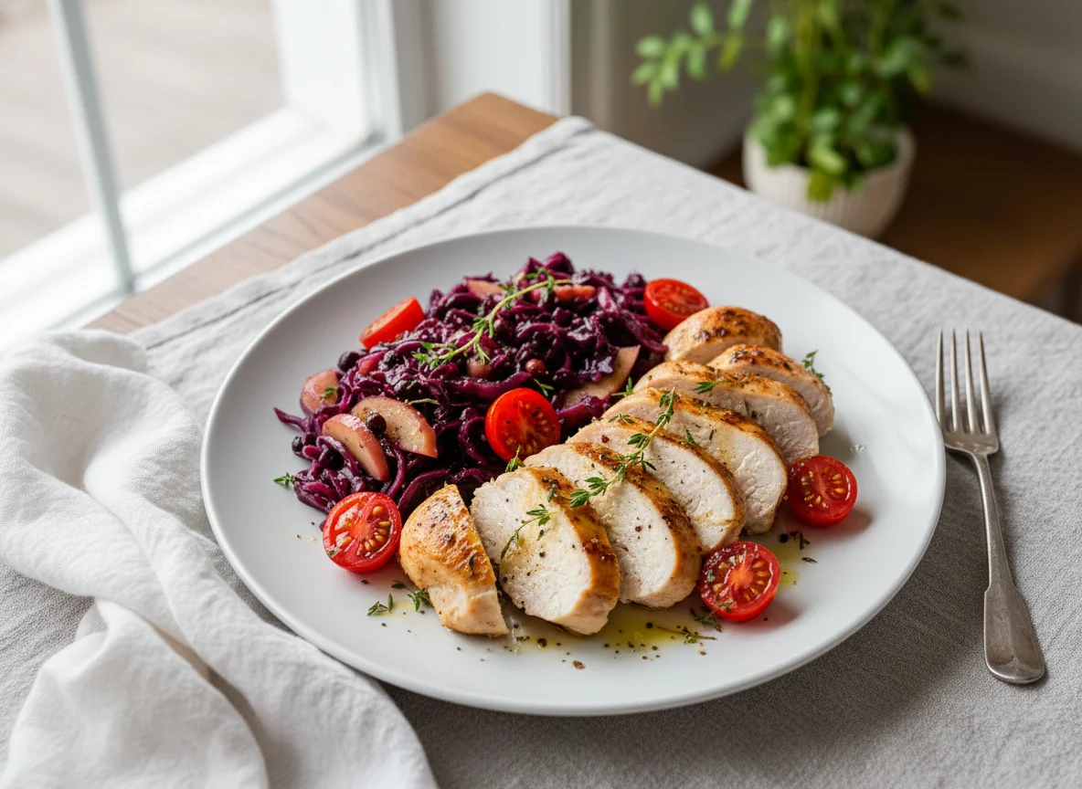 Chicken breast with red cabbage and tomatoes photo