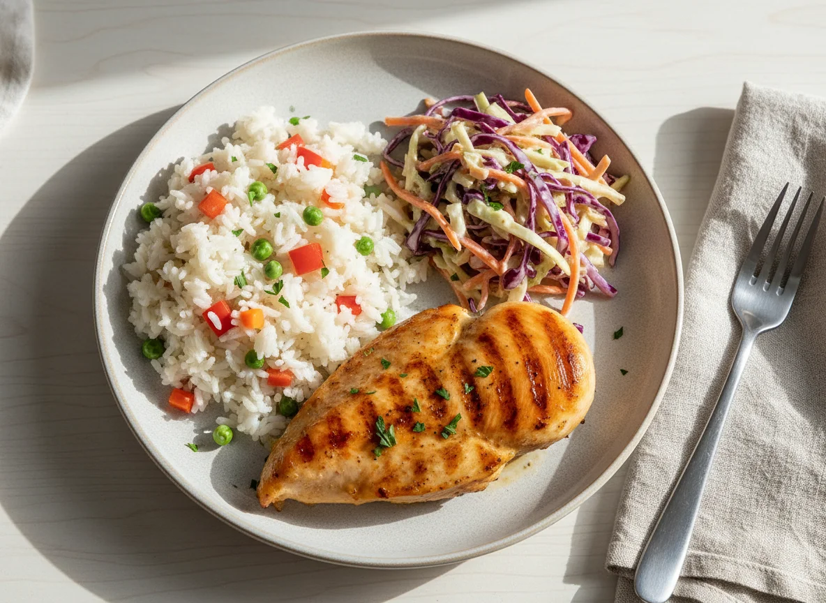 Chicken breast with rice and coleslaw photo